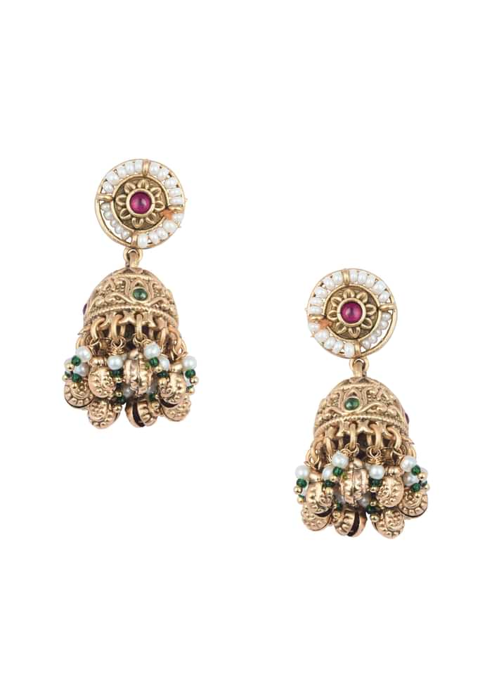 Gold Finish Beaded Temple Necklace With Pearl Drop Jhumkas