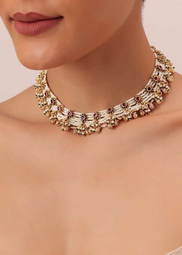 Gold Finish Beaded Temple Necklace With Pearl Drop Jhumkas