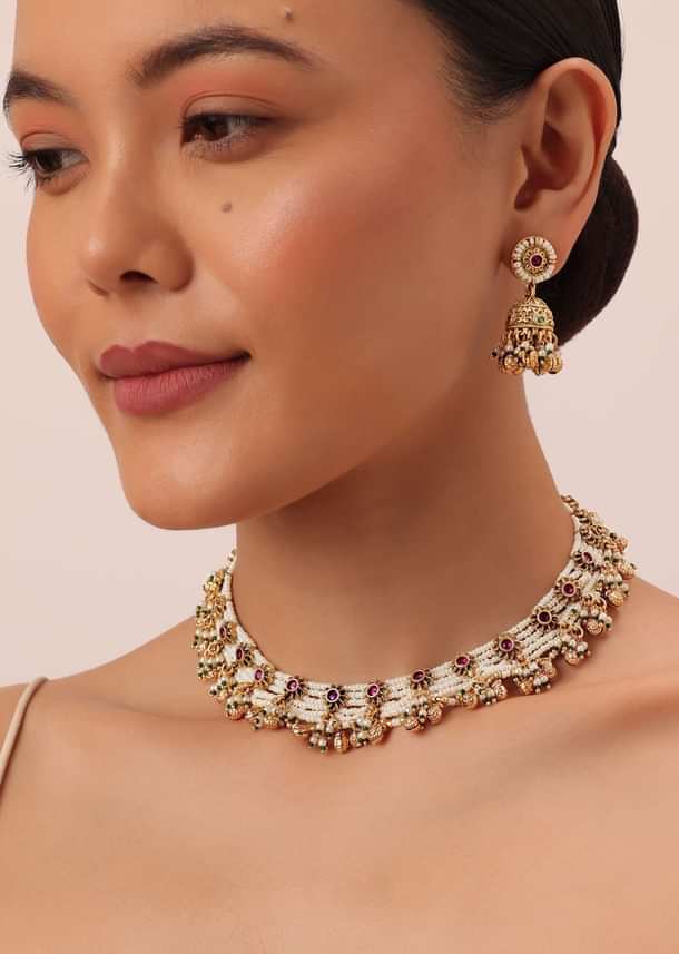 Gold Finish Beaded Temple Necklace With Pearl Drop Jhumkas