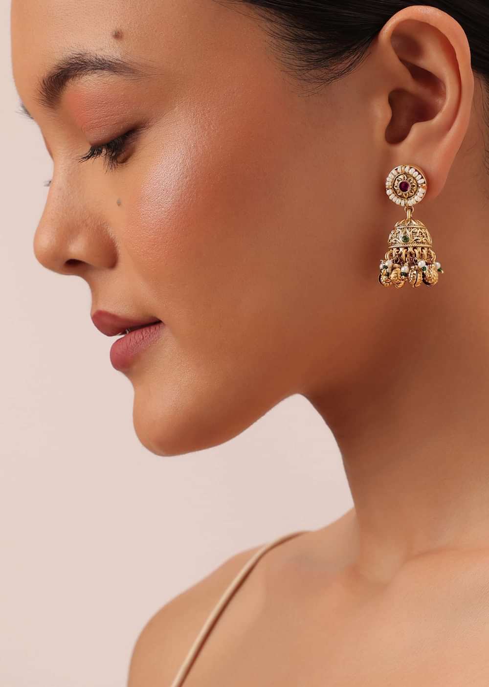 Gold Finish Beaded Temple Necklace With Pearl Drop Jhumkas