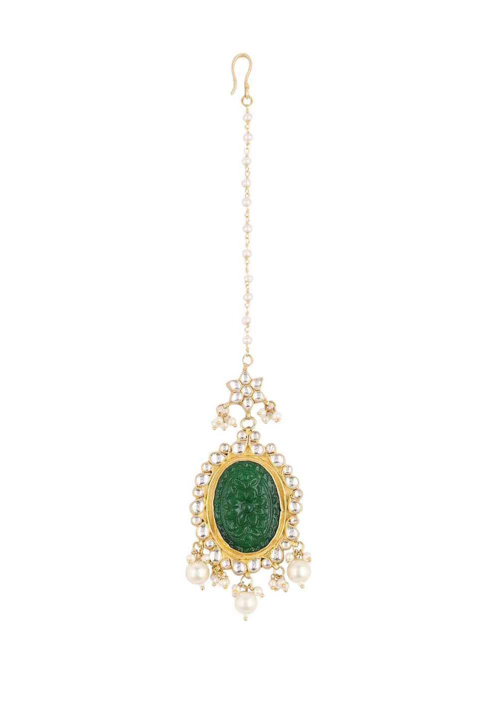 Gold Finish Carved Emerald Green Kundan Polki Bridal Choker Set