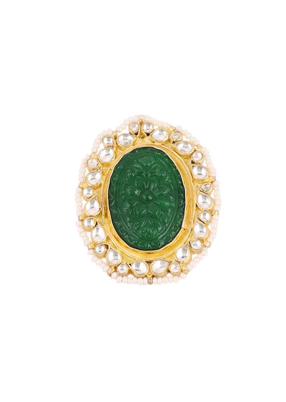 Gold Finish Carved Emerald Green Kundan Polki Bridal Choker Set