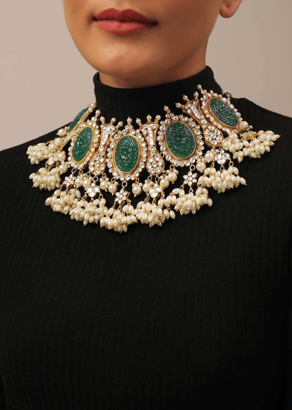 Gold Finish Carved Emerald Green Kundan Polki Bridal Choker Set