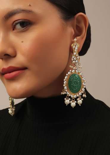 Gold Finish Carved Emerald Green Kundan Polki Bridal Choker Set