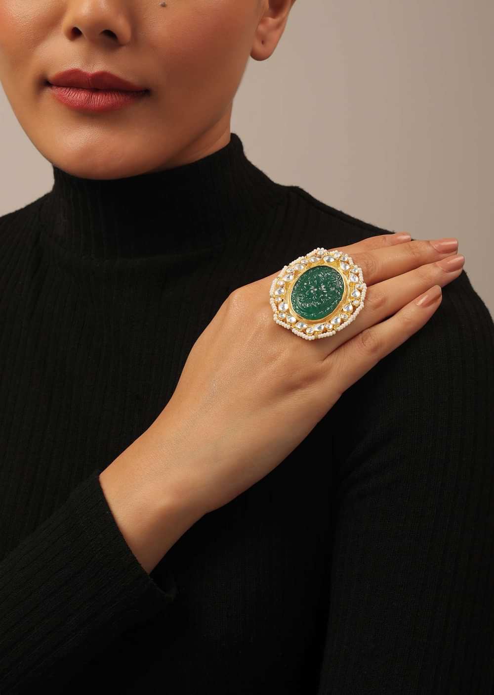 Gold Finish Carved Emerald Green Kundan Polki Bridal Choker Set