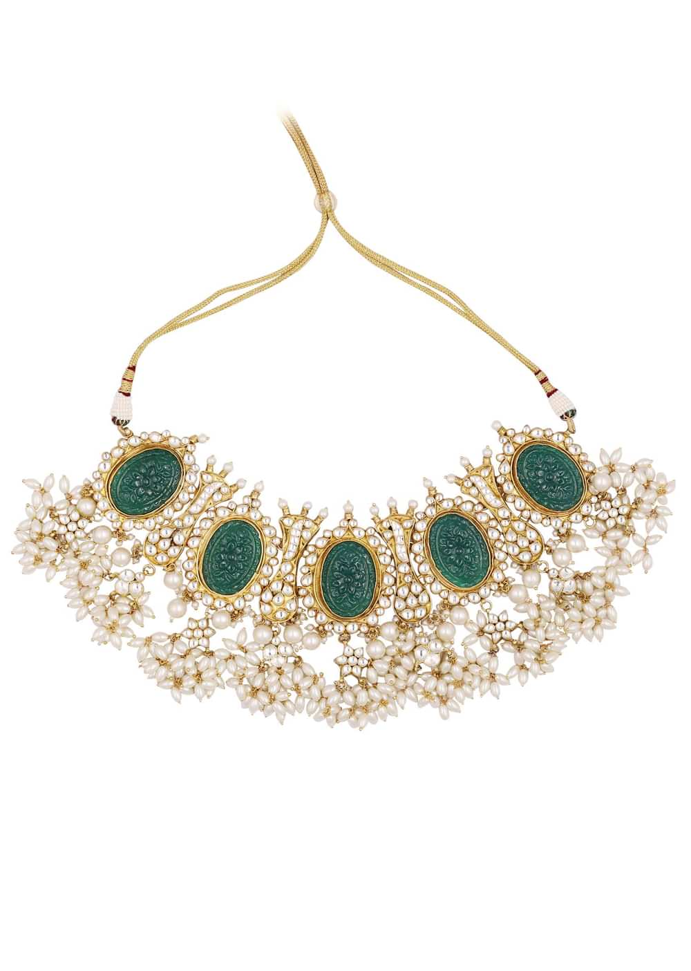 Gold Finish Carved Emerald Green Kundan Polki Bridal Choker Set