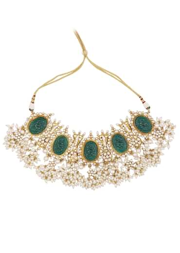 Gold Finish Carved Emerald Green Kundan Polki Bridal Choker Set