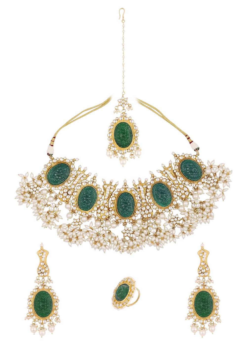 Gold Finish Carved Emerald Green Kundan Polki Bridal Choker Set