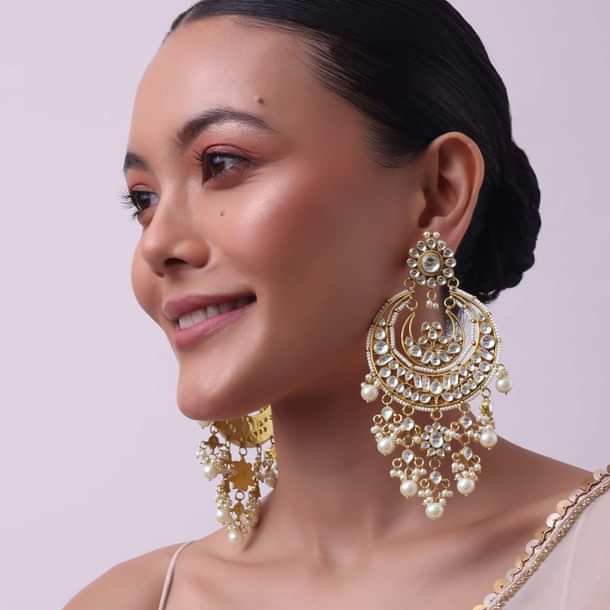 Gold Finish Chandbalis With White Kundan Work