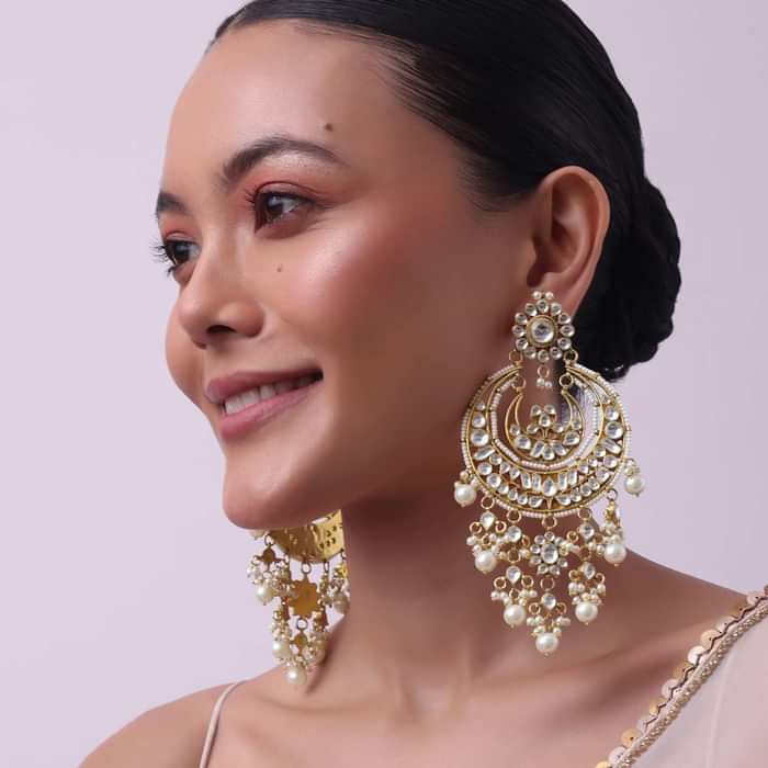 Gold Finish Chandbalis With White Kundan Work