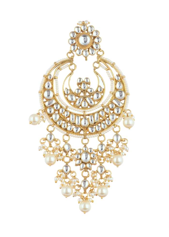 Gold Finish Chandbalis With White Kundan Work