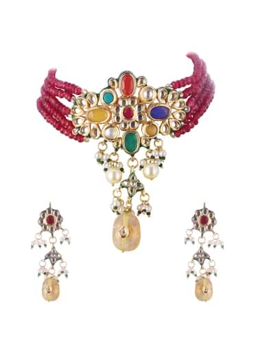 Gold Finish Choker Set With Multicolor Stone In Mix Metal