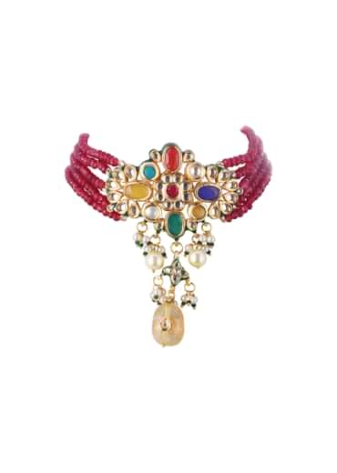 Gold Finish Choker Set With Multicolor Stone In Mix Metal