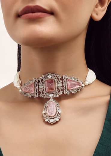 Gold Finish Choker Set With Pink Polki Stone Work In Mix Metal