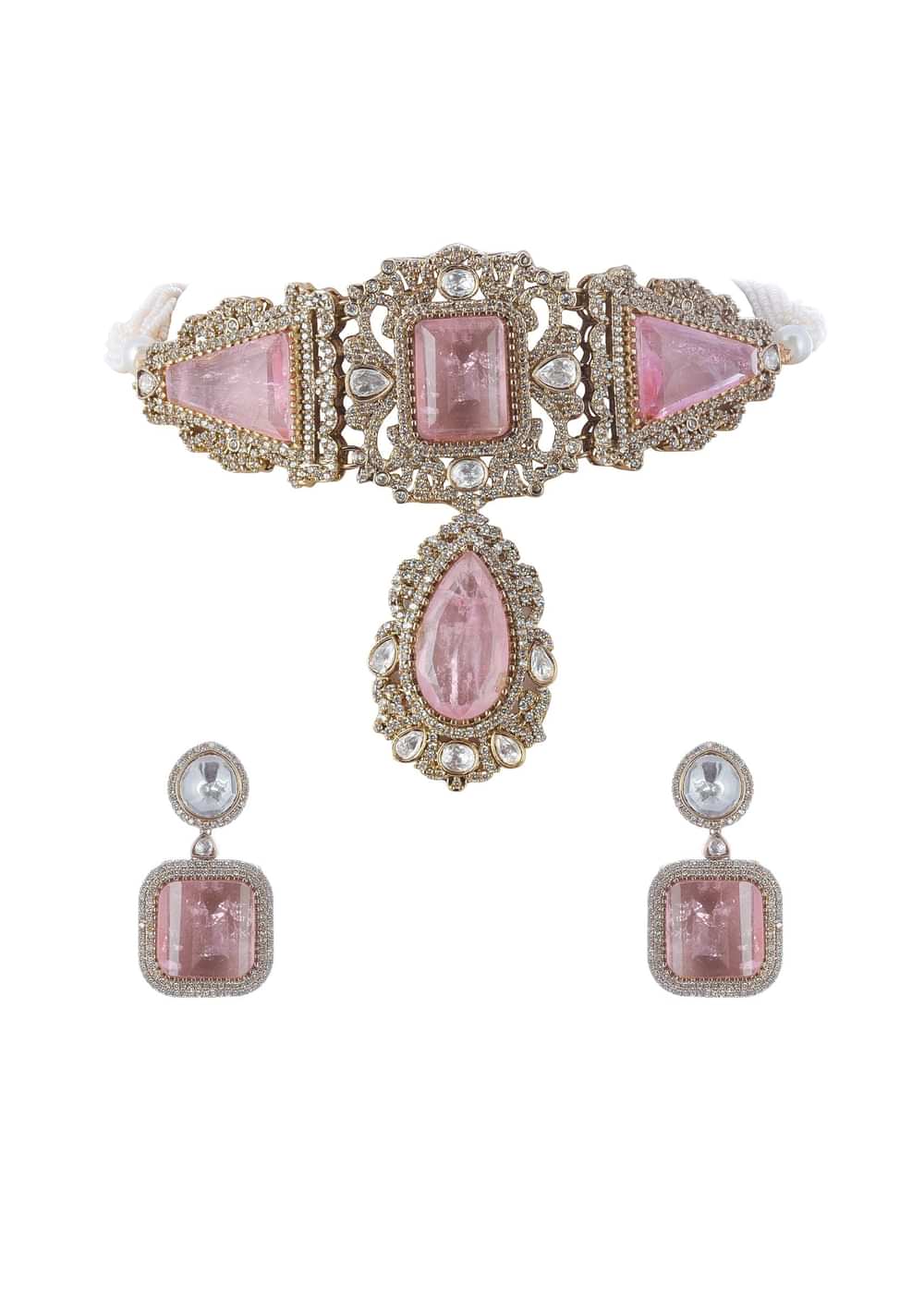 Gold Finish Choker Set With Pink Polki Stone Work In Mix Metal