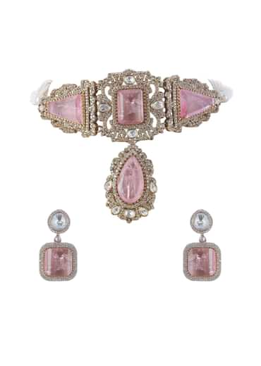 Gold Finish Choker Set With Pink Polki Stone Work In Mix Metal