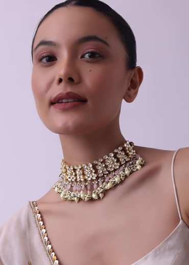 Gold Finish Choker With Pearls And Green Beads