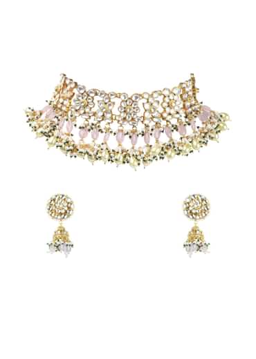 Gold Finish Choker With Pearls And Green Beads