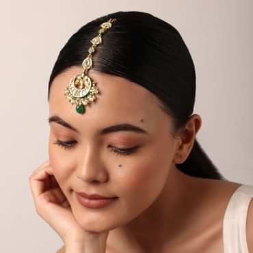 Gold Finish Crescent Mangtikka With Pearl And Green Drops Gold Finish Crescent Mangtikka With Pearl And Green Drops