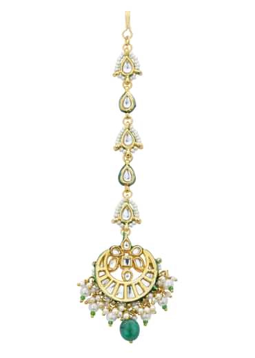 Gold Finish Crescent Mangtikka With Pearl And Green Drops Gold Finish Crescent Mangtikka With Pearl And Green Drops