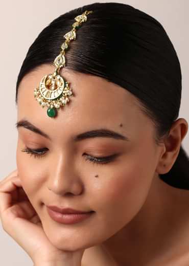Gold Finish Crescent Mangtikka With Pearl And Green Drops Gold Finish Crescent Mangtikka With Pearl And Green Drops