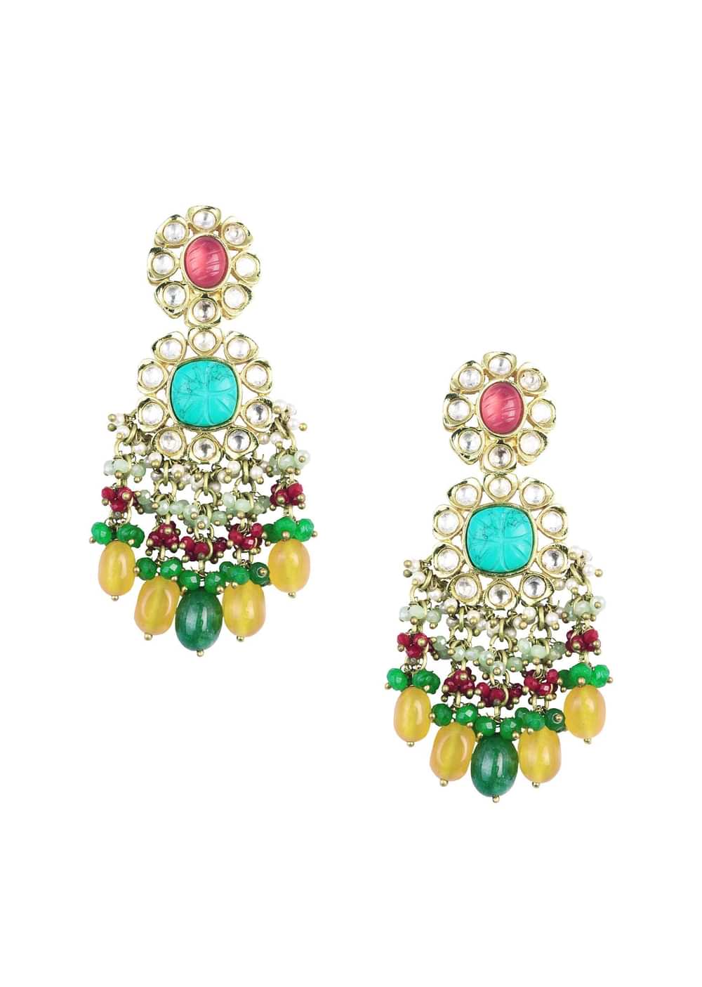 Gold Finish Floral Kundan Choker Set With Carved Stones And Beads