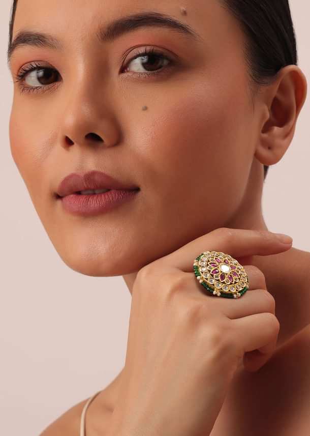 Gold Finish Floral Kundan Ring
