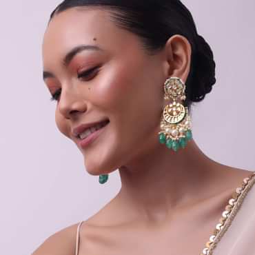 Gold Finish Green And White Chandbalis in Mix Metal