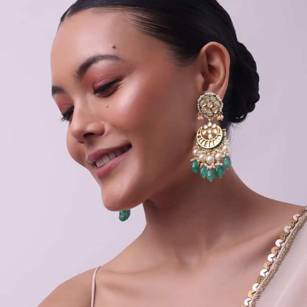 Gold Finish Green And White Chandbalis in Mix Metal