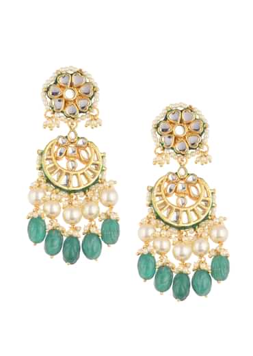 Gold Finish Green And White Chandbalis in Mix Metal