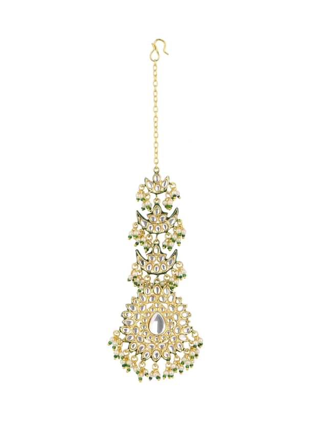 Gold Finish Green Kundan Maang Tikka Gold Finish Green Kundan Maang Tikka