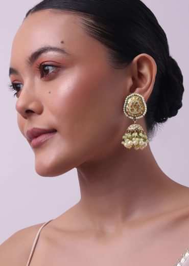 Gold Finish Green Kundan Jhumkas Adorned With Beads