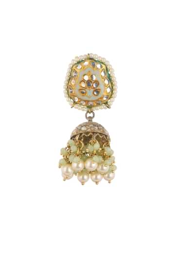 Gold Finish Green Kundan Jhumkas Adorned With Beads