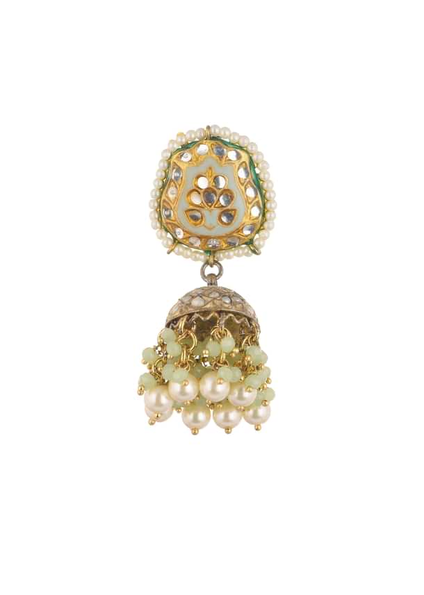 Gold Finish Green Kundan Jhumkas Adorned With Beads
