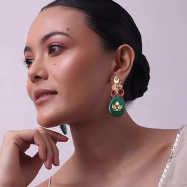 Gold Finish Green Kundan Embellished Danglers