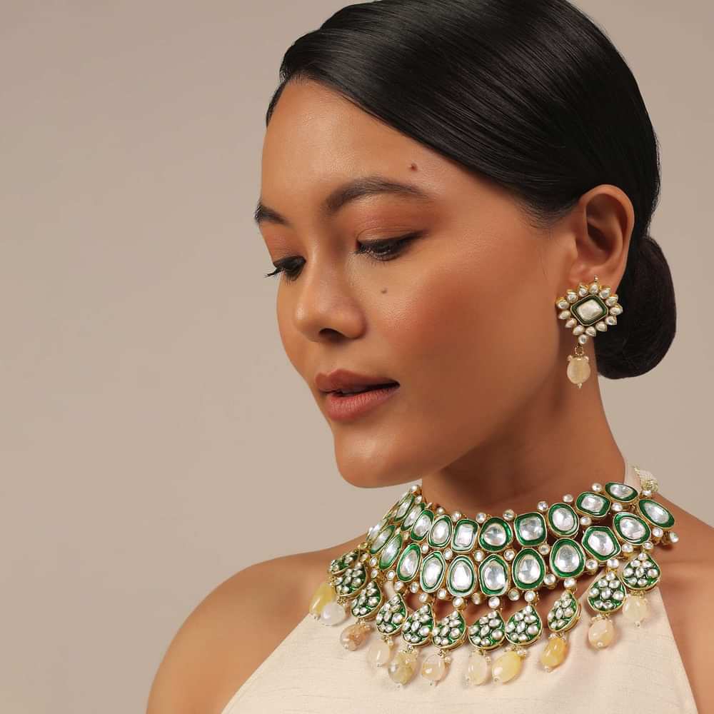 Gold Finish Green Kundan Polki Bridal Choker Set With Stones