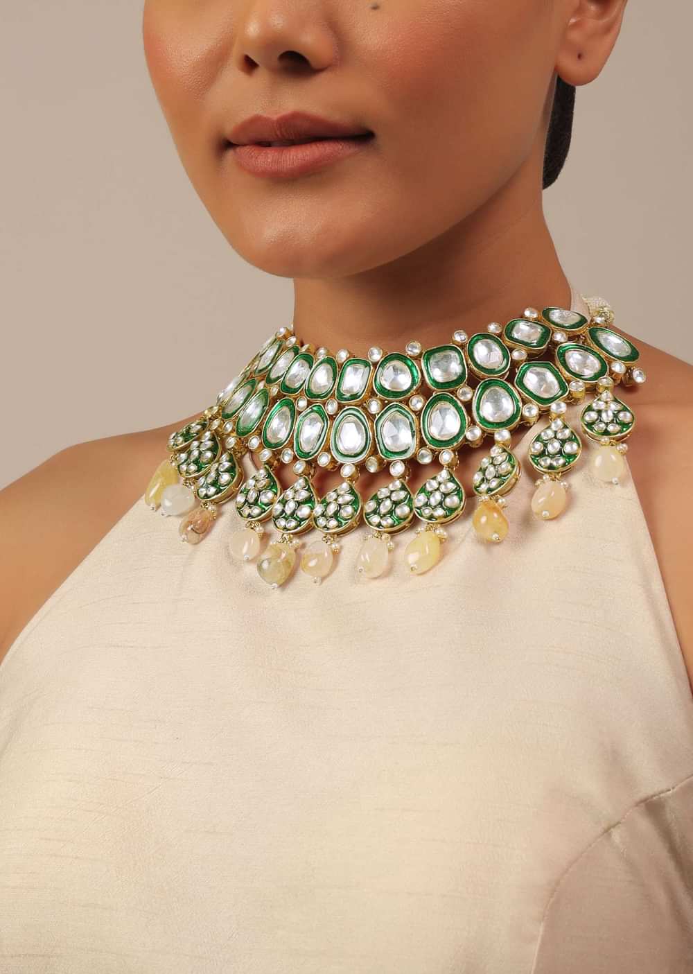 Gold Finish Green Kundan Polki Bridal Choker Set With Stones
