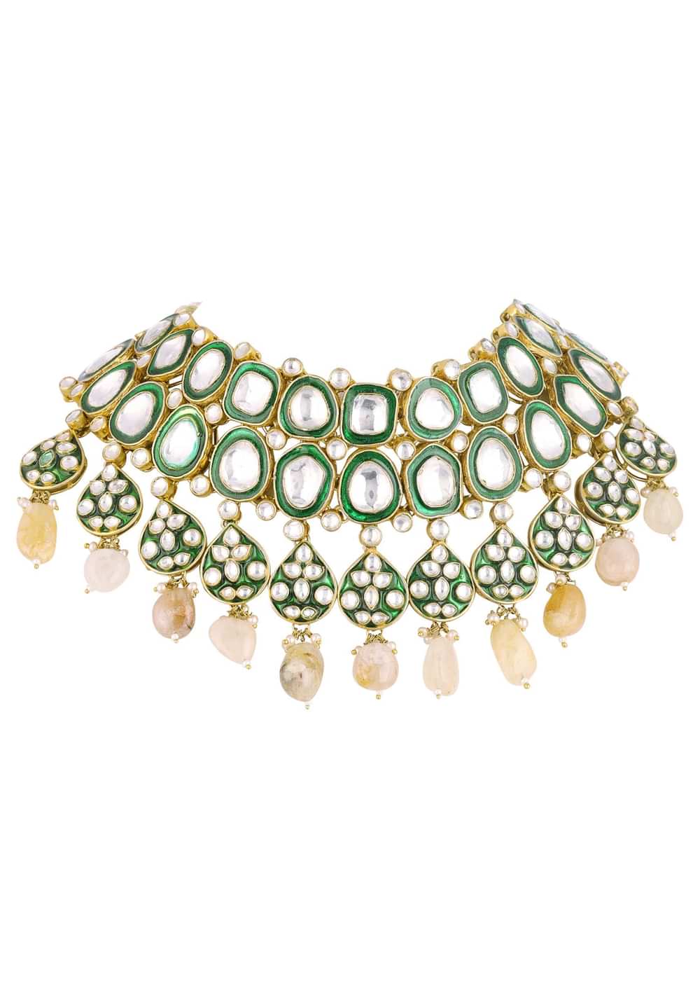 Gold Finish Green Kundan Polki Bridal Choker Set With Stones