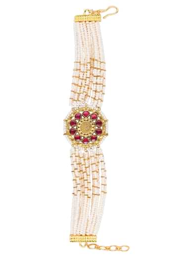Gold Finish Kundan Bracelet With Ruby Stone And Pearl In Mix Metal