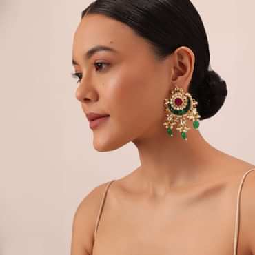 Gold Finish Kundan Chandbalis With Green Stone Drops