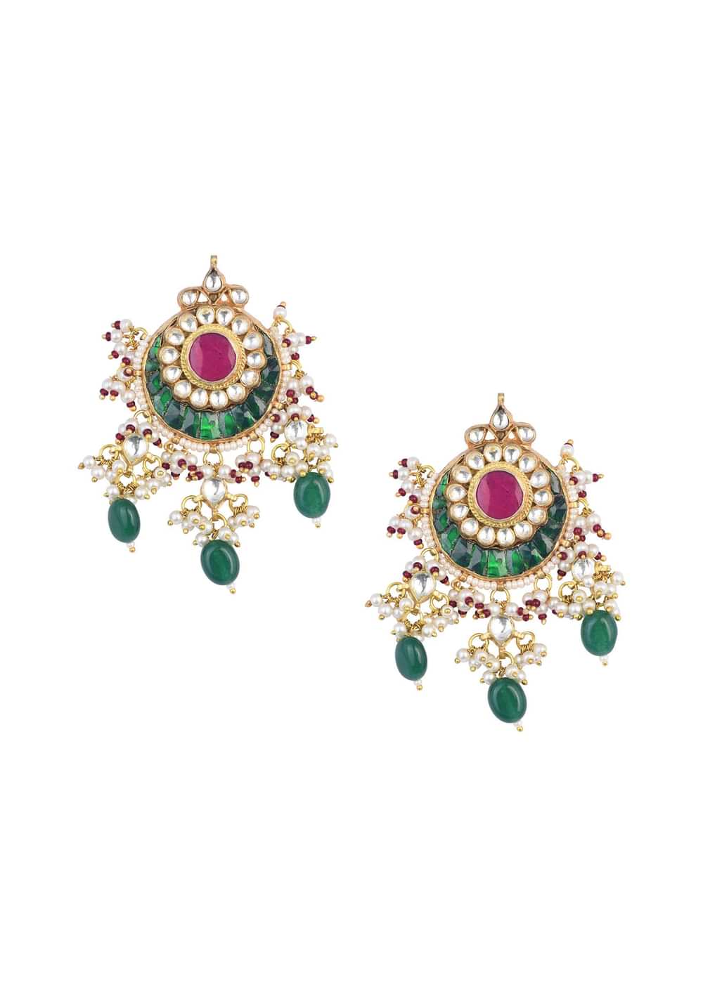 Gold Finish Kundan Chandbalis With Green Stone Drops