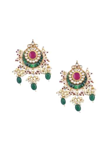 Gold Finish Kundan Chandbalis With Green Stone Drops