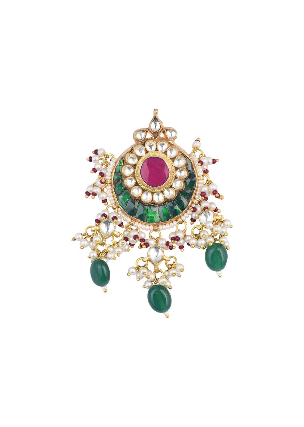 Gold Finish Kundan Chandbalis With Green Stone Drops