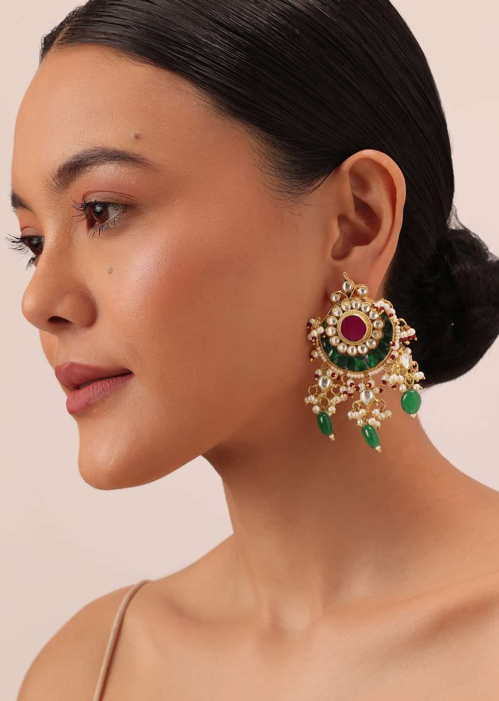 Gold Finish Kundan Chandbalis With Green Stone Drops