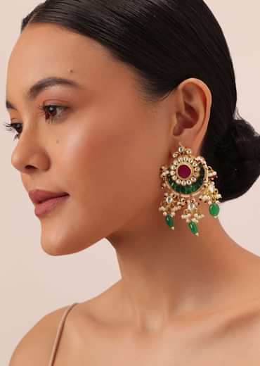 Gold Finish Kundan Chandbalis With Green Stone Drops
