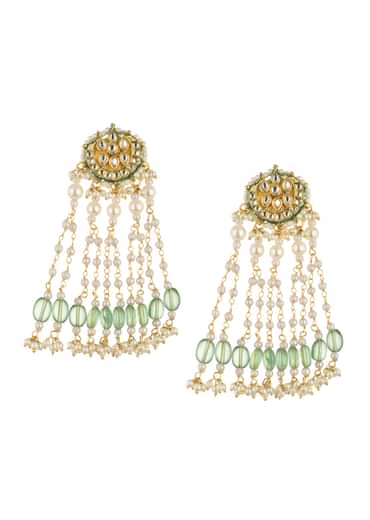 Gold Finish Kundan Danglers With Green Beads
