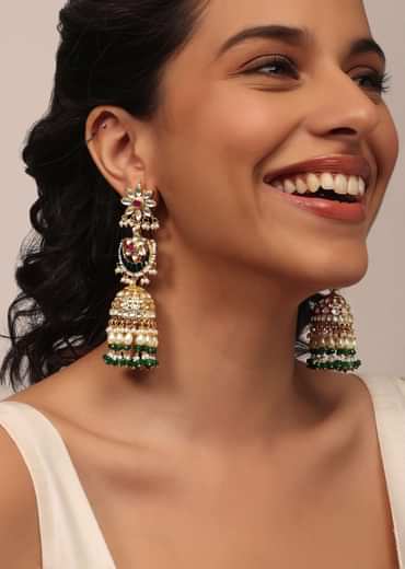 Gold Finish Kundan Polki Dangling Earrings With Beads And Green-Red Stones