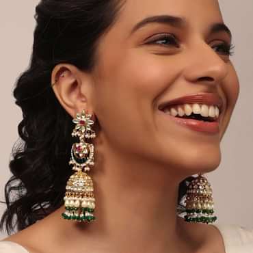 Gold Finish Kundan Polki Dangling Earrings With Beads And Green-Red Stones