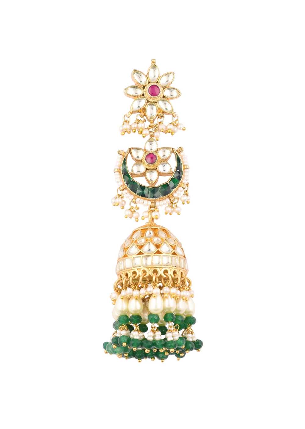 Gold Finish Kundan Polki Dangling Earrings With Beads And Green-Red Stones