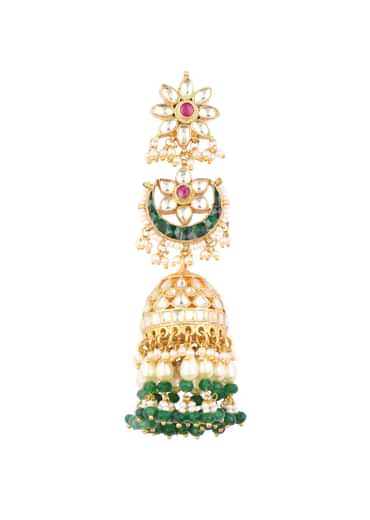 Gold Finish Kundan Polki Dangling Earrings With Beads And Green-Red Stones